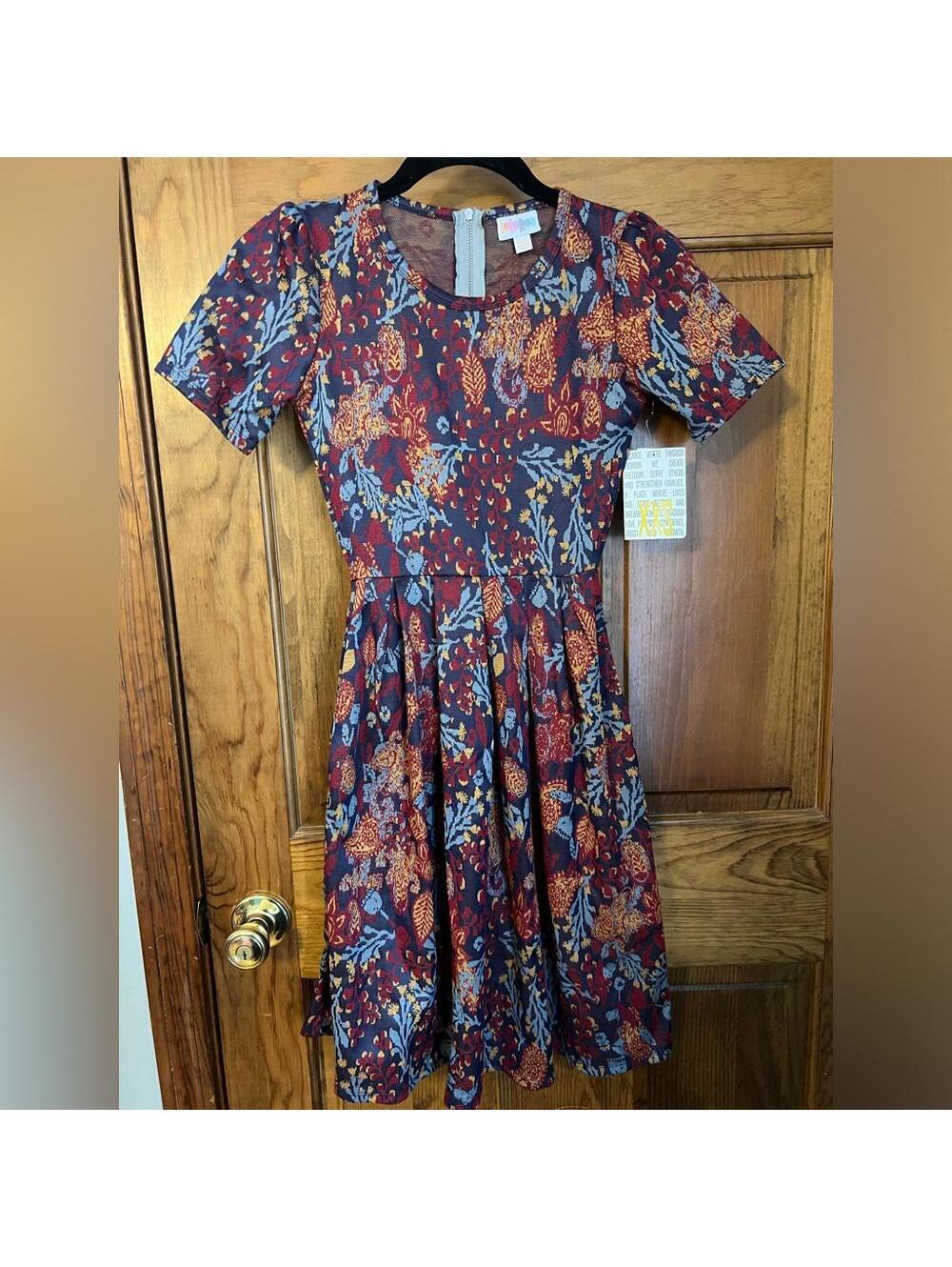 LuLaRoe Amelia Dress Pockets Pleated Full Skirt Zip Fit Flare Midi Blue XXS NWT